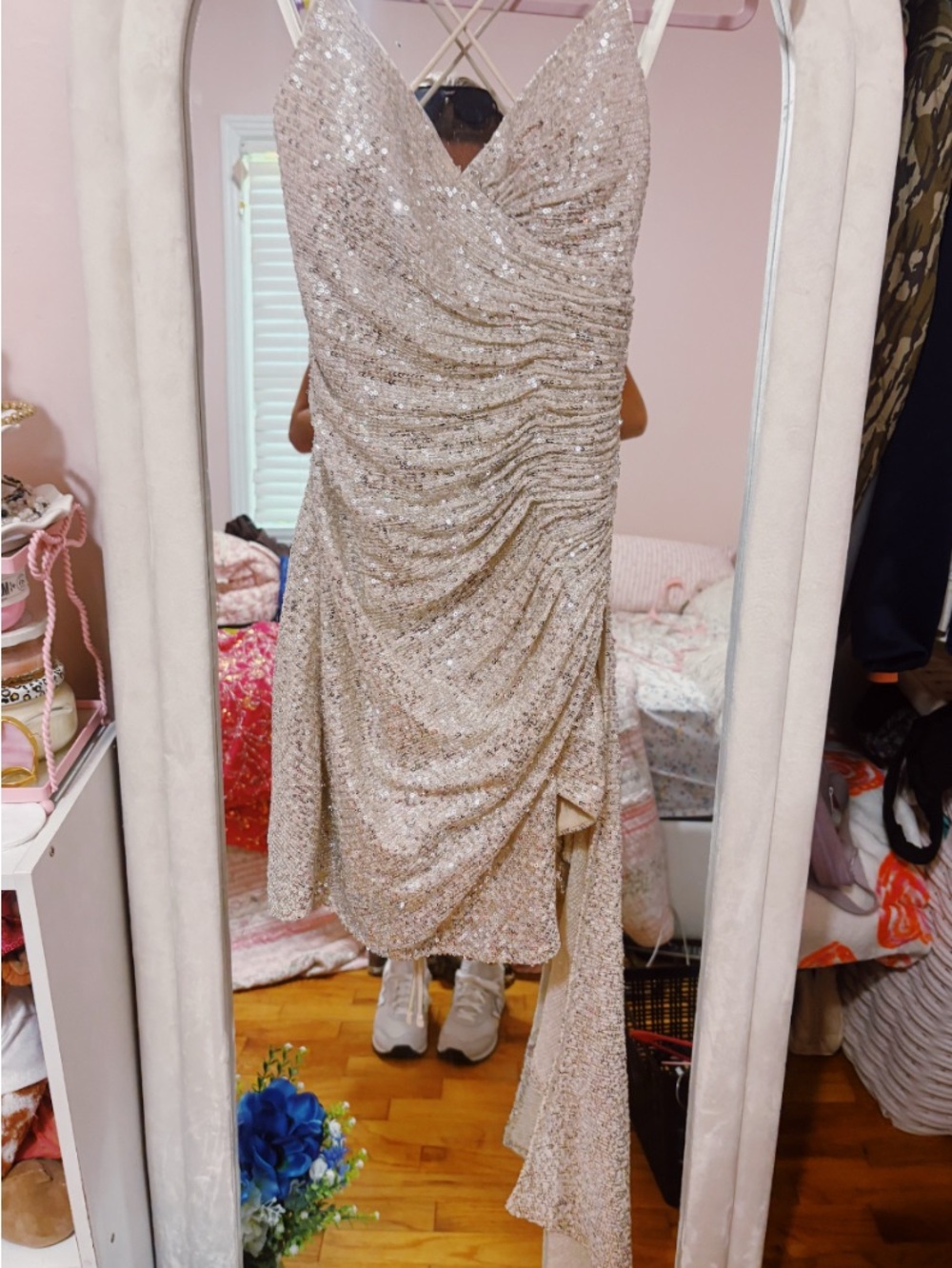 Gianni Bini Sequined Champagne Draped Evening Dress